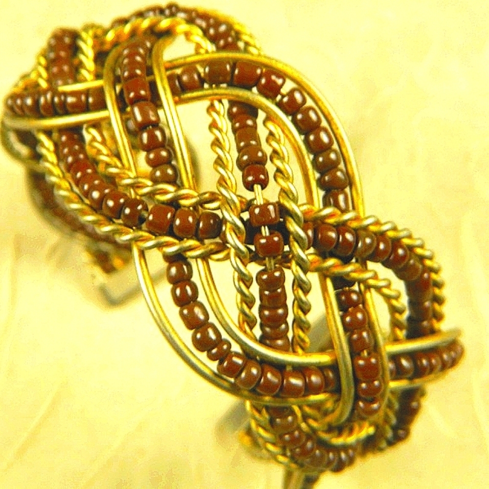 Artisan Hand Twisted Wire Cuff Bracelet Gold Tone Brown Glass Beads Boho Gypsy